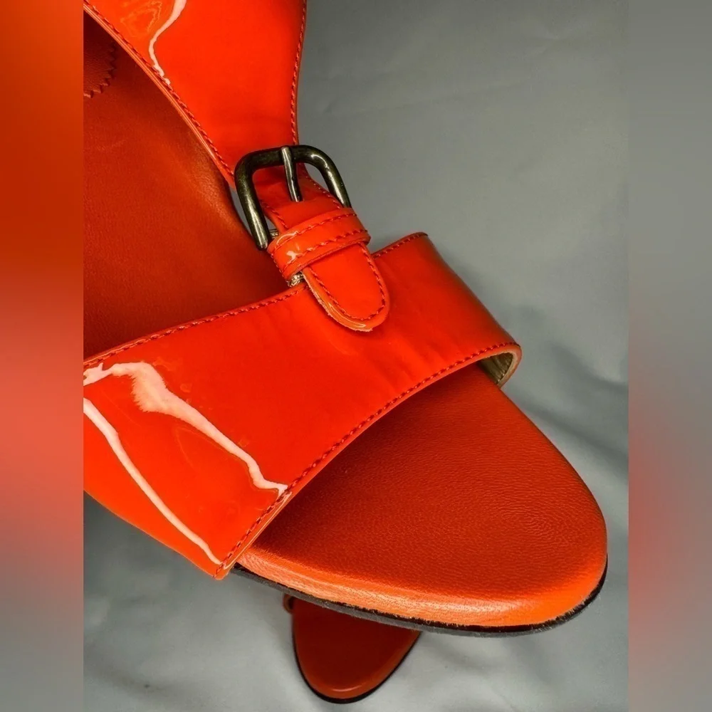 Anyi Lu Women’s Lola Red/Orange Patent Wedge Sandals Handmade in Italy Size 39